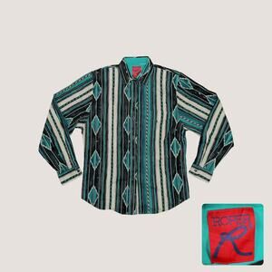 Vintage 90s ROPER Southwestern Striped Western Button Up Shirt Teal Medium